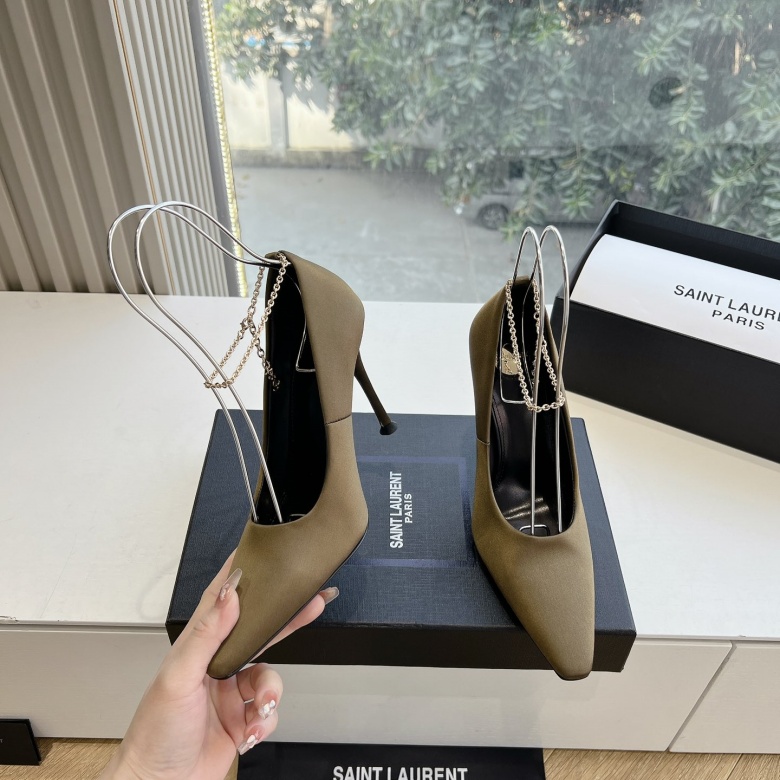 Top-Quality Saint Laurent Lee Metal Crystal Chain Pointed-Toe High Heels