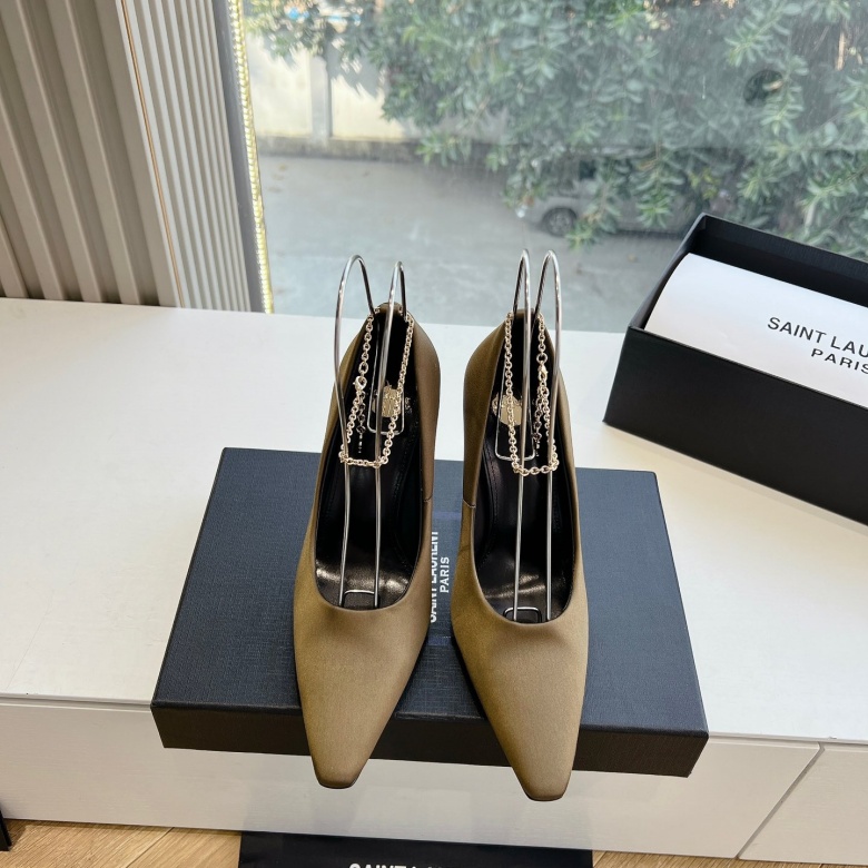 Top-Quality Saint Laurent Lee Metal Crystal Chain Pointed-Toe High Heels