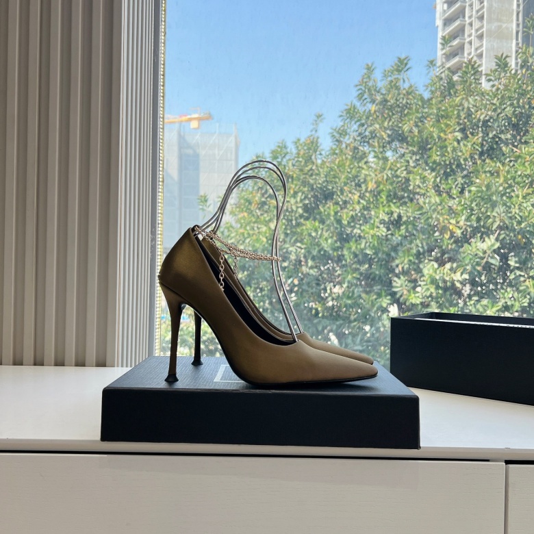 Top-Quality Saint Laurent Lee Metal Crystal Chain Pointed-Toe High Heels