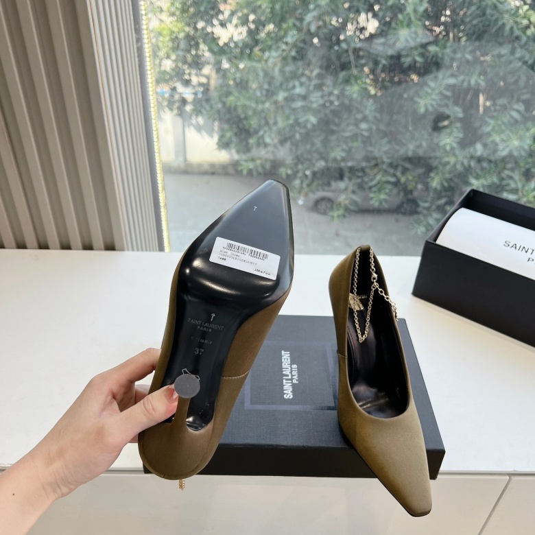 Top-Quality Saint Laurent Lee Metal Crystal Chain Pointed-Toe High Heels
