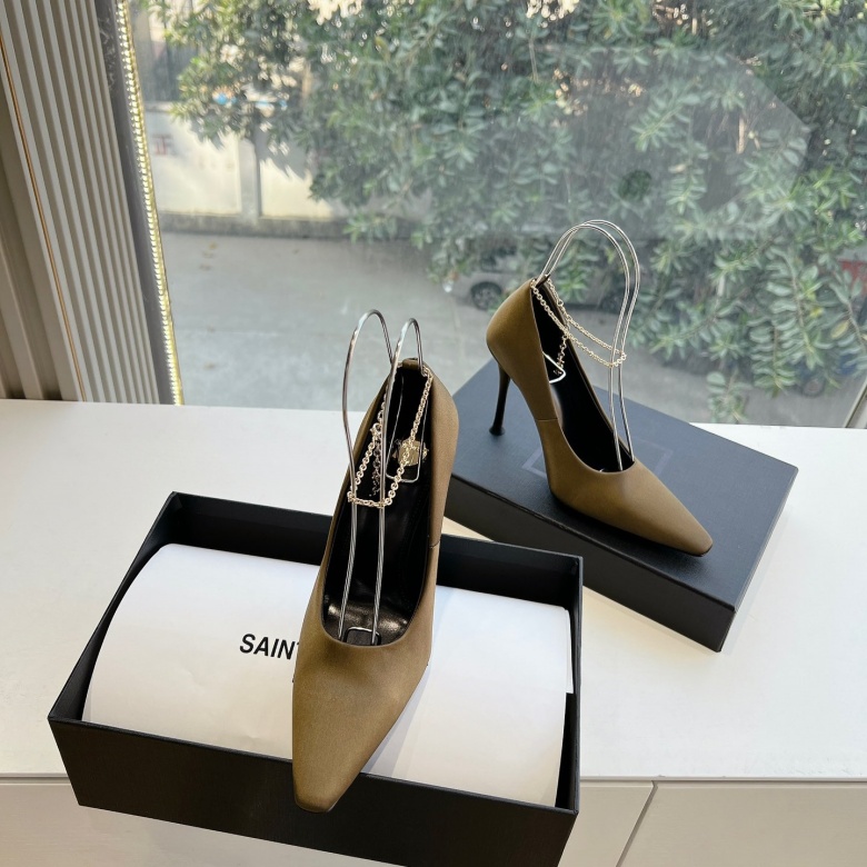 Top-Quality Saint Laurent Lee Metal Crystal Chain Pointed-Toe High Heels